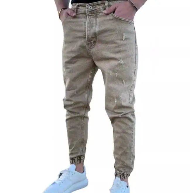High Quality Men Jeans Pants New Punk Style Blue Khaki Zipper Knee Denim Pant Designer Jeans Men
