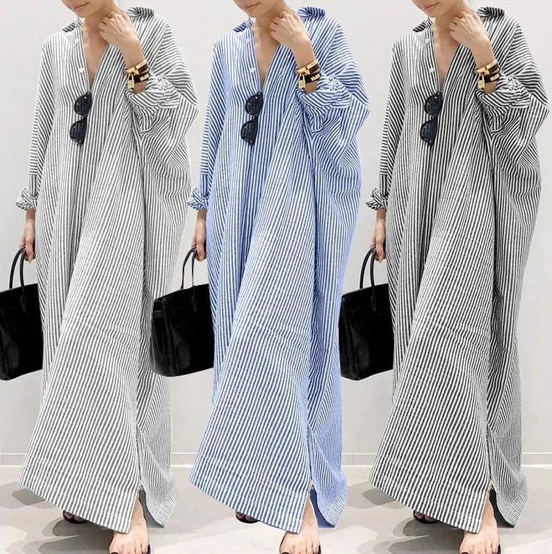 Y7012 Best-Selling Plus Size Long Dresses Women Casual Straight Loose Three Quarter Sleeve Striped Maxi Shirt Dress for Women
