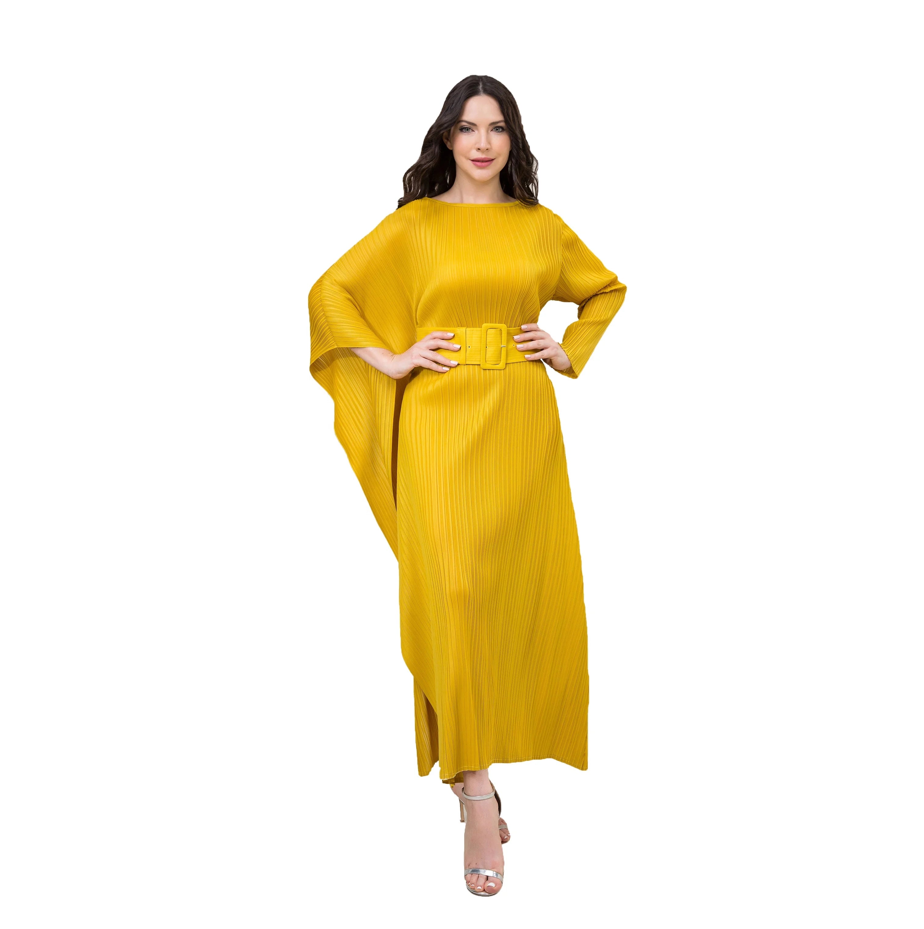 Pleated Belts Luxury Yellow Dress for Women Asymmetric Ruffles Side Design Elegant O-neck Long Sleeve Dresses Casual Fashion