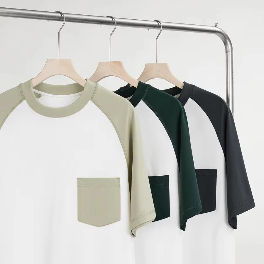 100% Cotton 300gms Heavy Breathable Oversized Raglan Sleeves T-Shirt for Men Unique Print Pattern Logo Decoration Pocket T Shirt