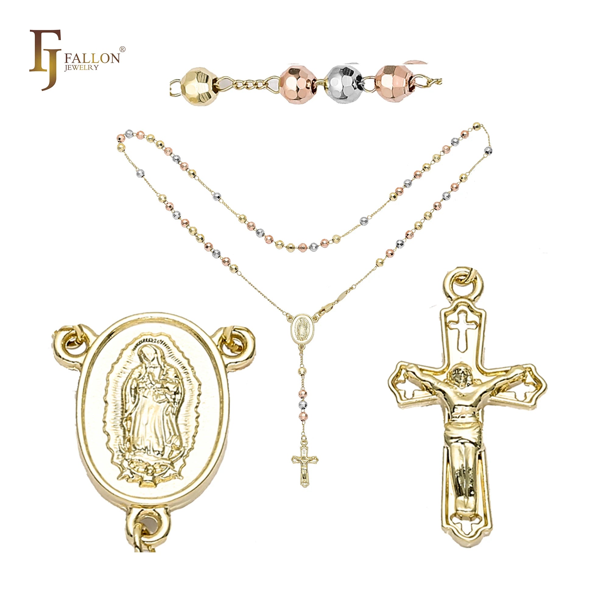 FJ Fallon Fashion Jewelry Italian Virgin of Guadalupe Catholic Beads Rosary Necklace Plated in 14K Gold Two Tone