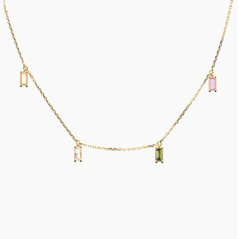 RINNTIN EQN38 Fashion Multi-Colors Cubic Zirconia 14K Gold Charm Baguette Cut Diamond Station Necklace Jewelry for Women