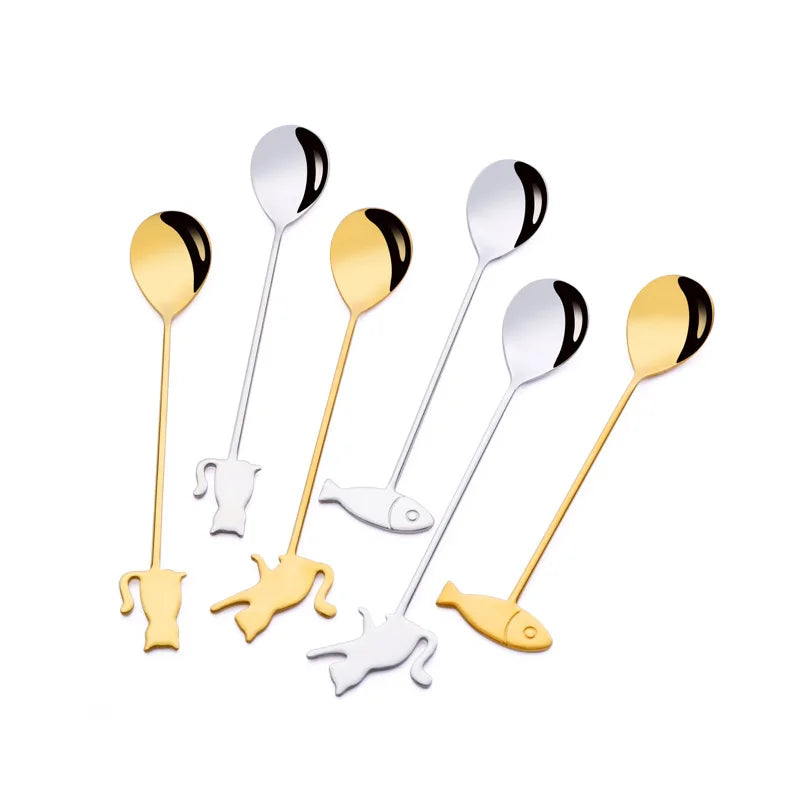 Cute Stainless Steel 304 Cat Fish Design Demitasse Espresso Spoons Metal Tea Spoon Set for Coffee Stirring