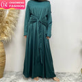 1925# Two Pieces Abaya Set Chic Lace up Waist Long Inner Dress and Ruffle Sleeves Cardigan Satin Material Eid Women Abaya