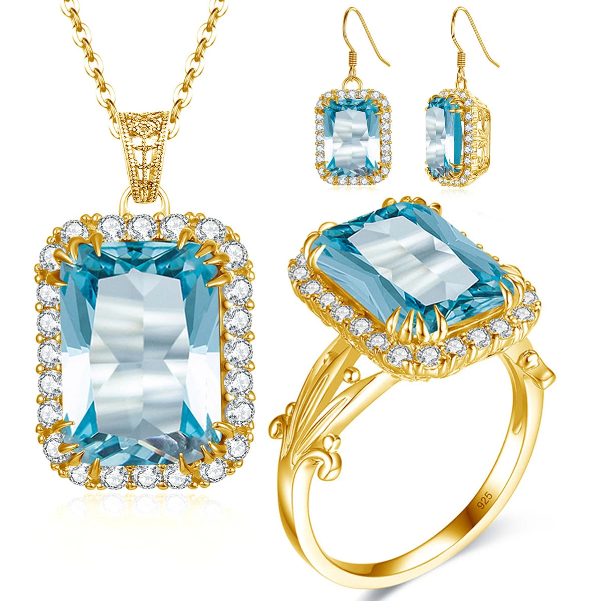 Classic Luxury Wedding 925 Silver Silber Schmuck Sets Jewelry Blue Topaz Aquamarine Gemstone Jewelry Set for Women