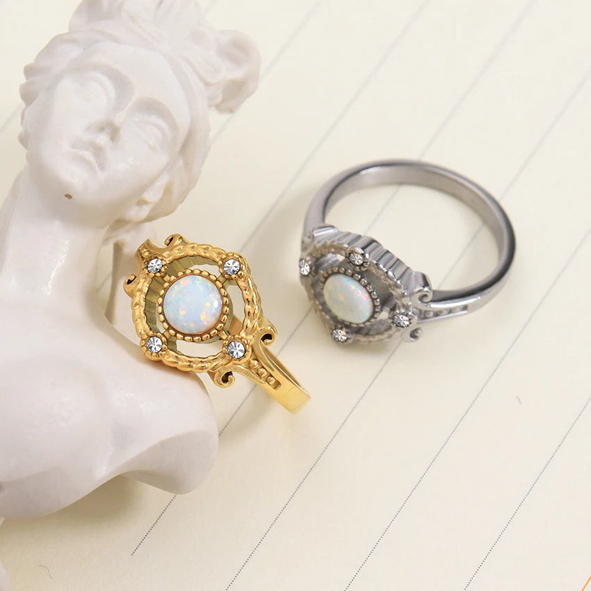 2023 New Trendy Wholesale Rings Women Jewelry 18k Gold Stainless Steel Quality Non Tarnish Round Silver Opal Ring for Gift
