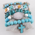 Handmade Alloy Cross Bangle Big Druzy Chip Stone Bracelet Natural Stone Turquoise Stack Beaded Bracelet Set Western Jewelry