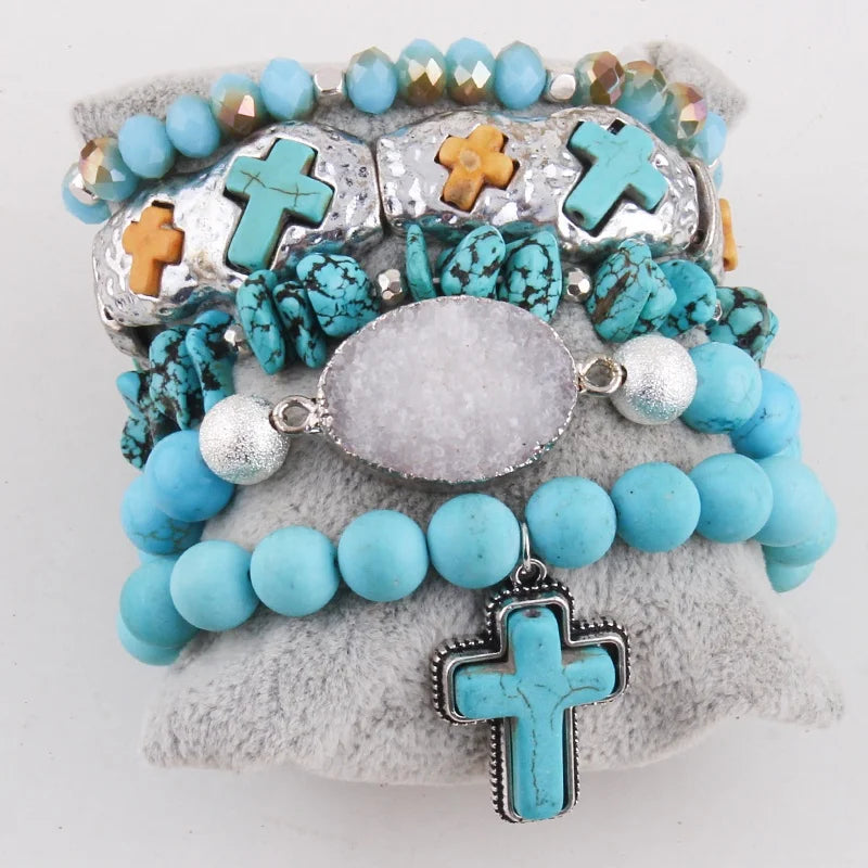 Handmade Alloy Cross Bangle Big Druzy Chip Stone Bracelet Natural Stone Turquoise Stack Beaded Bracelet Set Western Jewelry