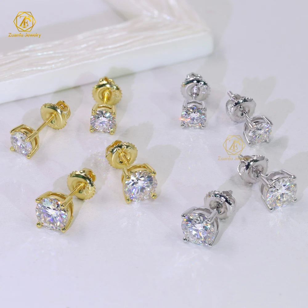 5mm 6.5mm 0.5CT 1CT D VVS Moissanite 4 Claws White Yellow K Gold Plated 925 Sterling Silver Screw Back Stud Earrings with GRA