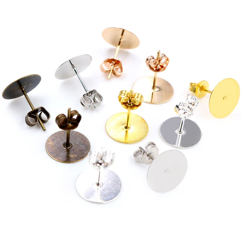 100pcs/Lot 4mm 6mm 8mm 10mm 12mm  5 Colors Plated Stainless Iron Earring Studs Blank Base Earring Post (with Stopper) Base