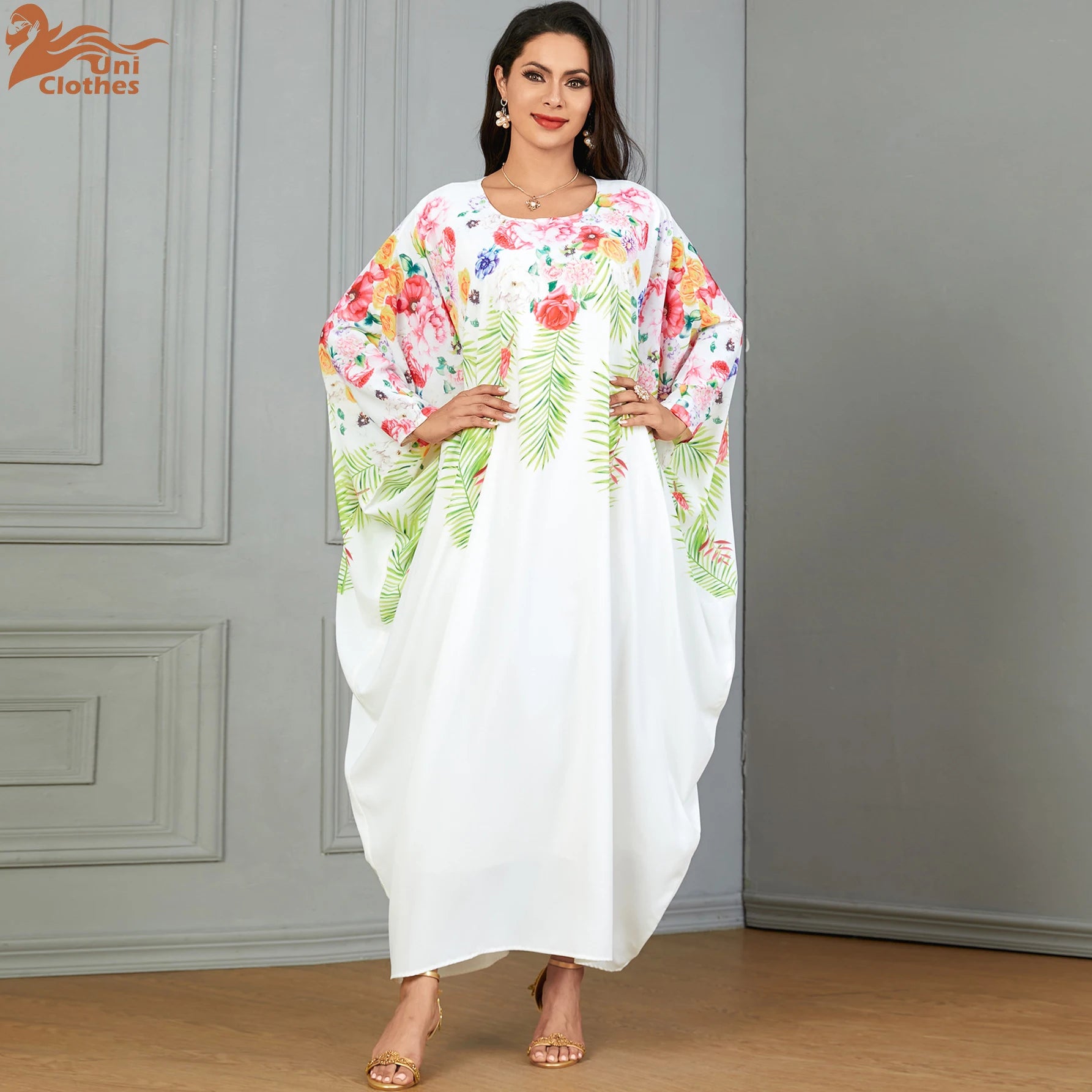 New Season Simple Floral Plus Size Long Sleeve Evening Dresses for Muslim Turkish Abaya Women Muslim Dress 2022