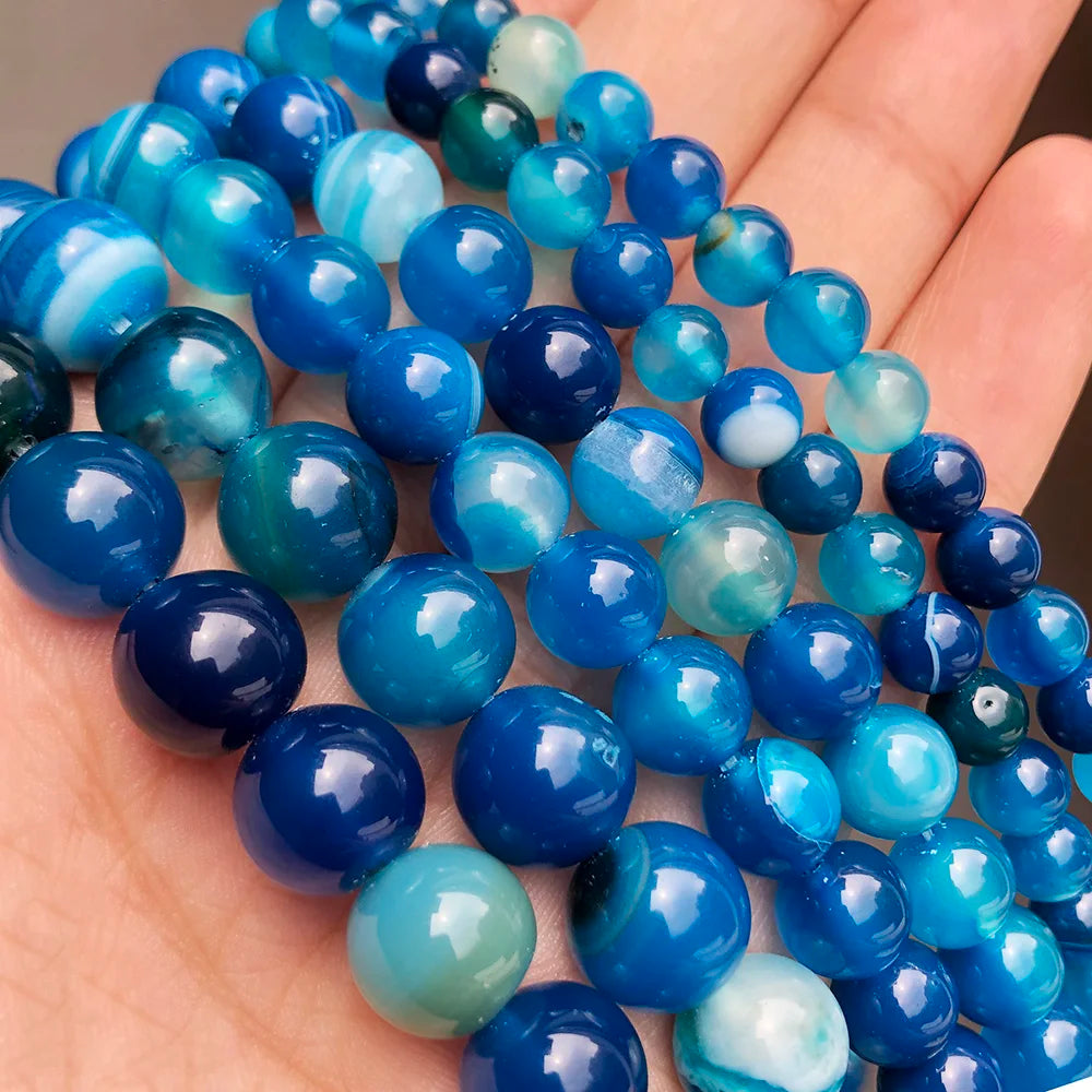 High Quality Smooth Blue Striped Agates Onyx round Loose Beads 4/6/8/10/12MM Stone Beads for Jewelry Making