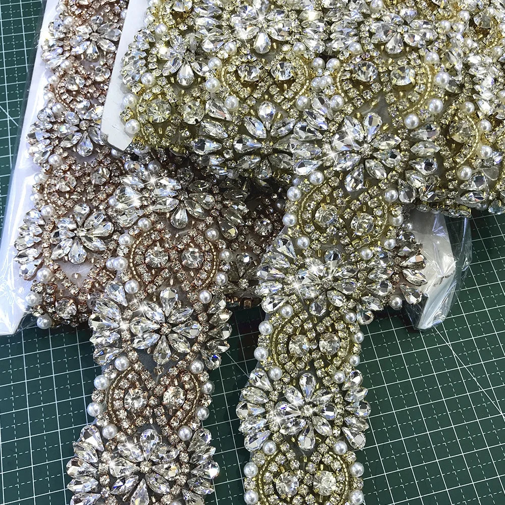 L234 Wholesale Bridal Shoes Crystal Beads Rhinestone Applique Gold Rhinestone Trim on Roll