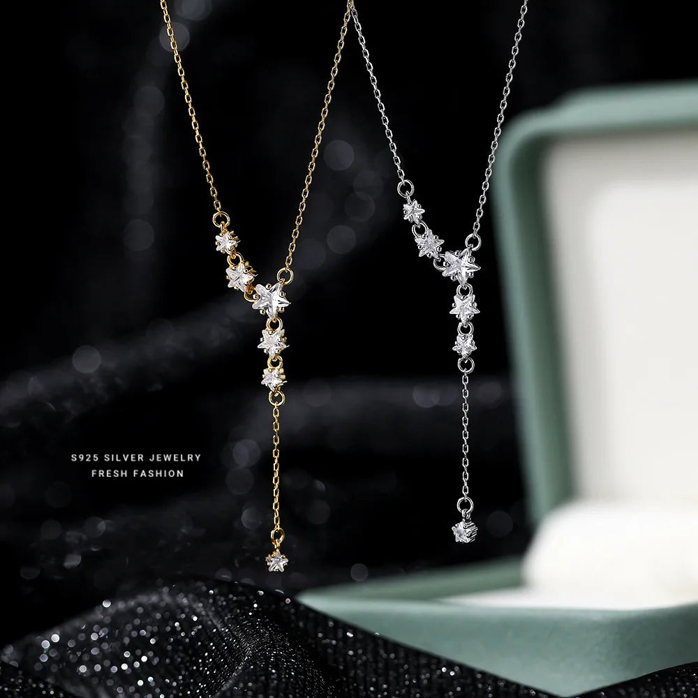 Luxury Five Star Shape Zircon Pendant Chain Necklace Minimalist ZC Stars Tassel S925 Sterling Silver Necklace Jewelry for Girls