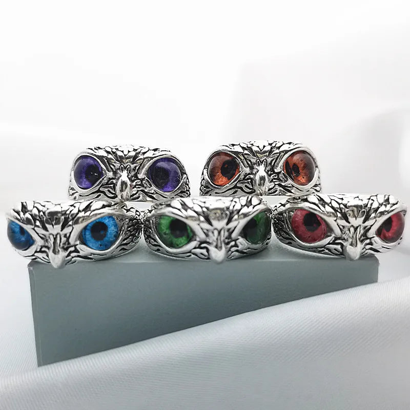 Hot Selling Punk Style Retro Colorful Owl Ring Adjustable Couple Ring