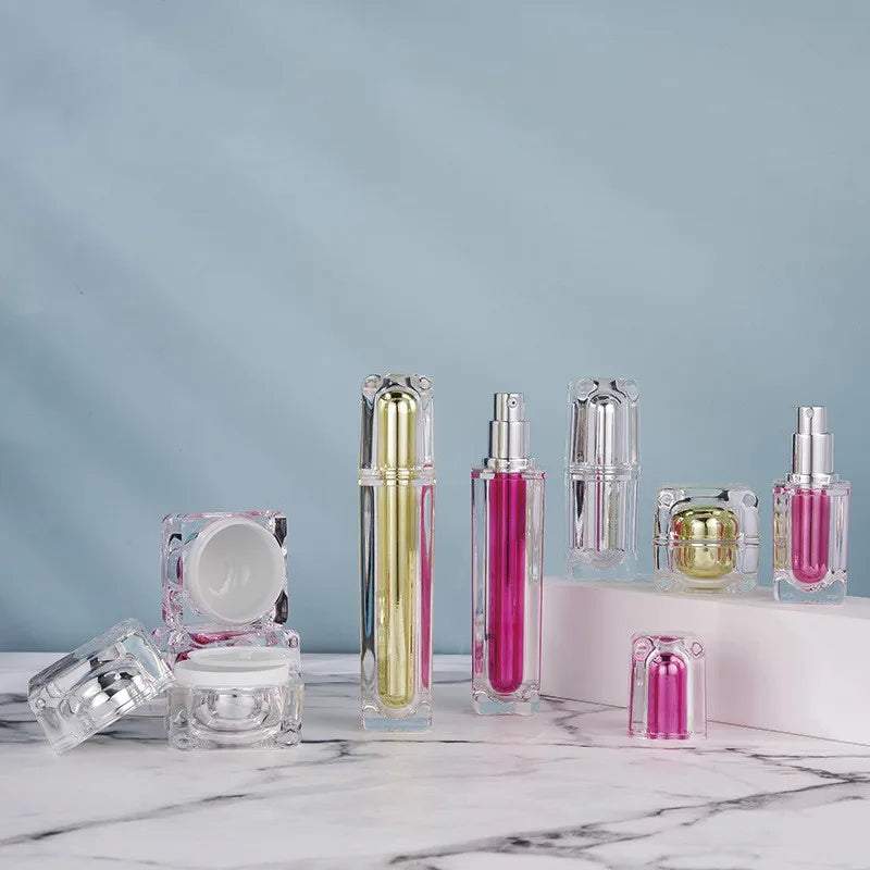 Custom logo Acrylic pink Gold Silver Blue square Double-layer Diamond Bottle Cosmetic Package Container Skin Care Production Jar