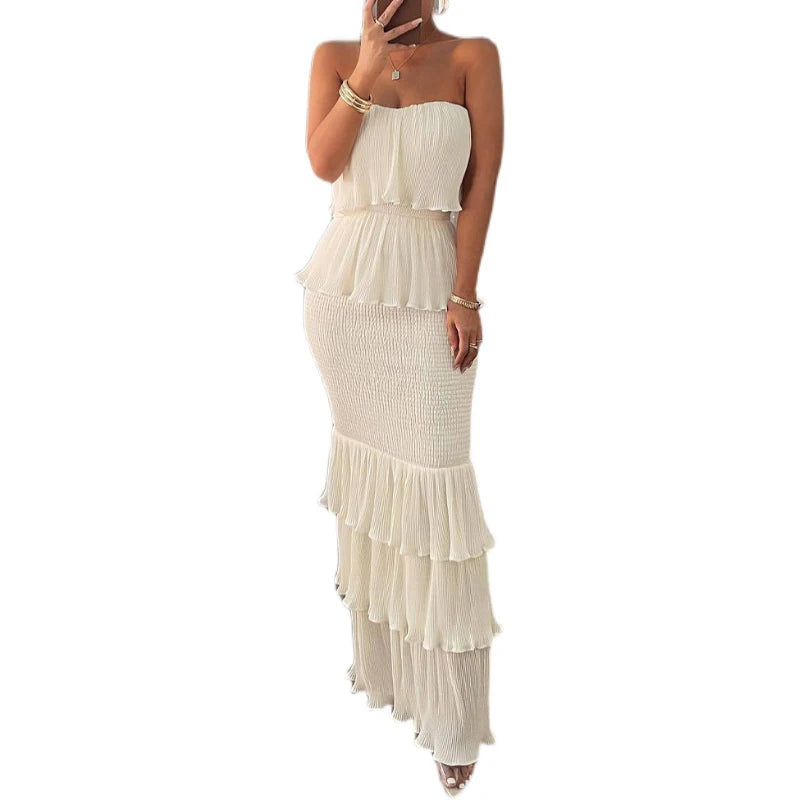 Fashion Custom Lady Breathable Skinny Elastic Ruffle Maxi Dress  Layered Cake  Maxi Dress Ruff Asymmetrical Sample Customization