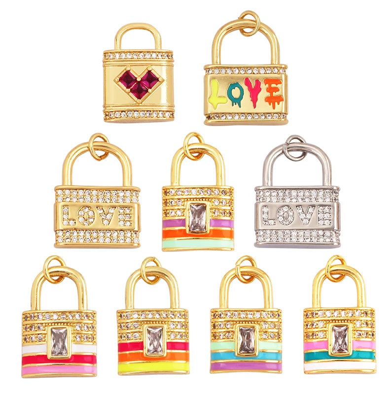 Fashion Rainbow Enamel Lock Charm Pendant 18K Real Gold Plated ColourNecklace Bracelet Pendant for Handmade Jewelry Supplies