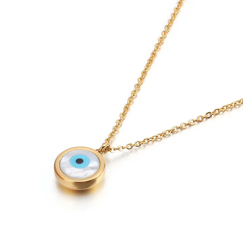 Fashion Women's Titanium Steel Plated 18k Gold Waterproof Non-fading Shell Evil Eye Trendy Simple Korean Style Ladies Necklace