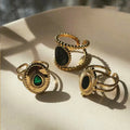 Europe Luxury Black Oil Drop Stainless Steel Finger Rings Retro Emerald Gemstone Open Rings Jewelry for Women