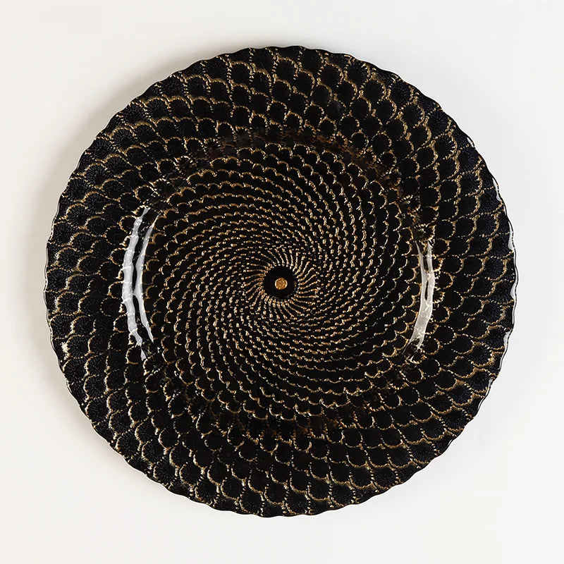 Embossed Peacock Finish Design Black Glass Charger Plate