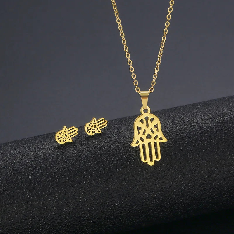 Minimalist Design Stainless Steel Necklace Earrings Jewelry Set Gold Plated Palm Hand Pendant Necklace Earrings Set