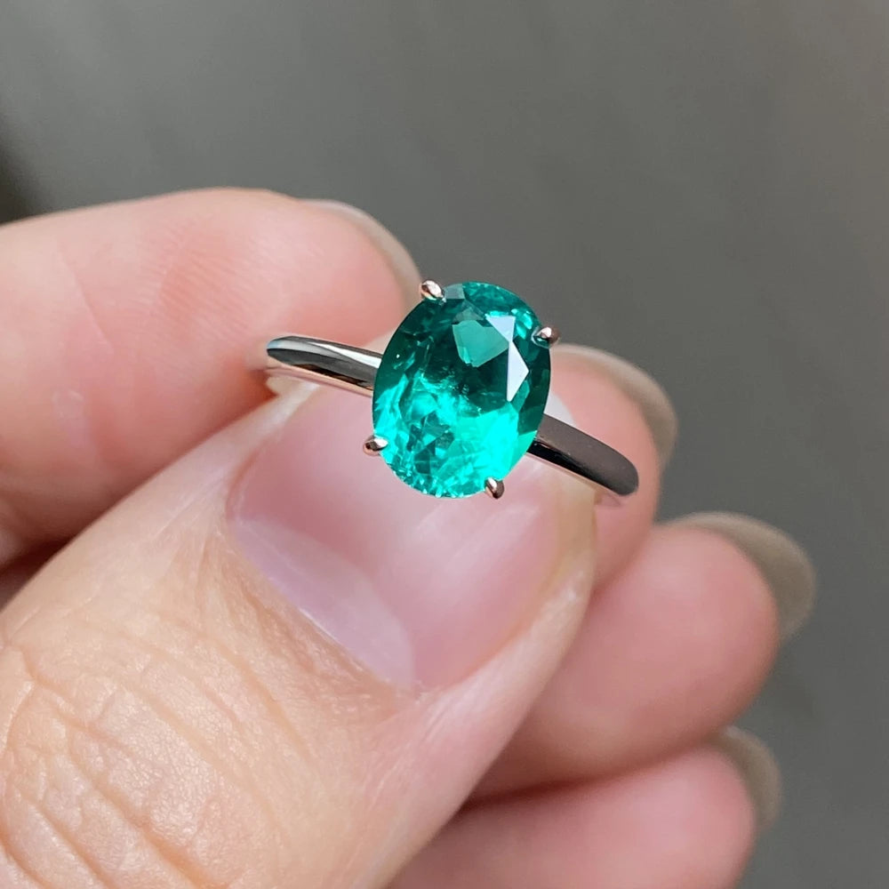 HQ GEMS Custom Size 7x9mm Lab Grown Hydrothermal Emerald Stone 2 Carat Women S925 Sliver Ring
