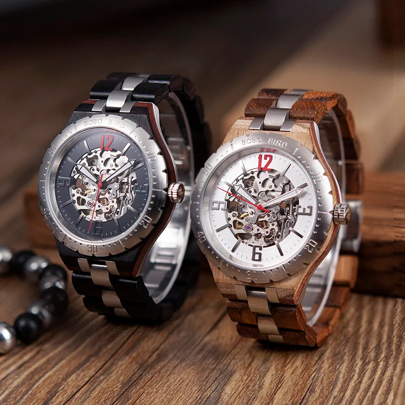 Luxury Men's Mechanical Wooden Automatic Watch with Luminous Display Quartz Movement Alarm Pointer Dial OEM Logo Dress Band