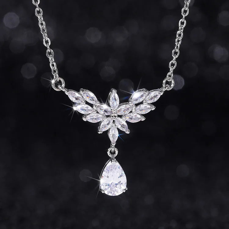 Huitan Women Elegant Marquise Cut Crystal Feather Necklace  Wedding Proposal Teardrop Diamond Pendant Necklace