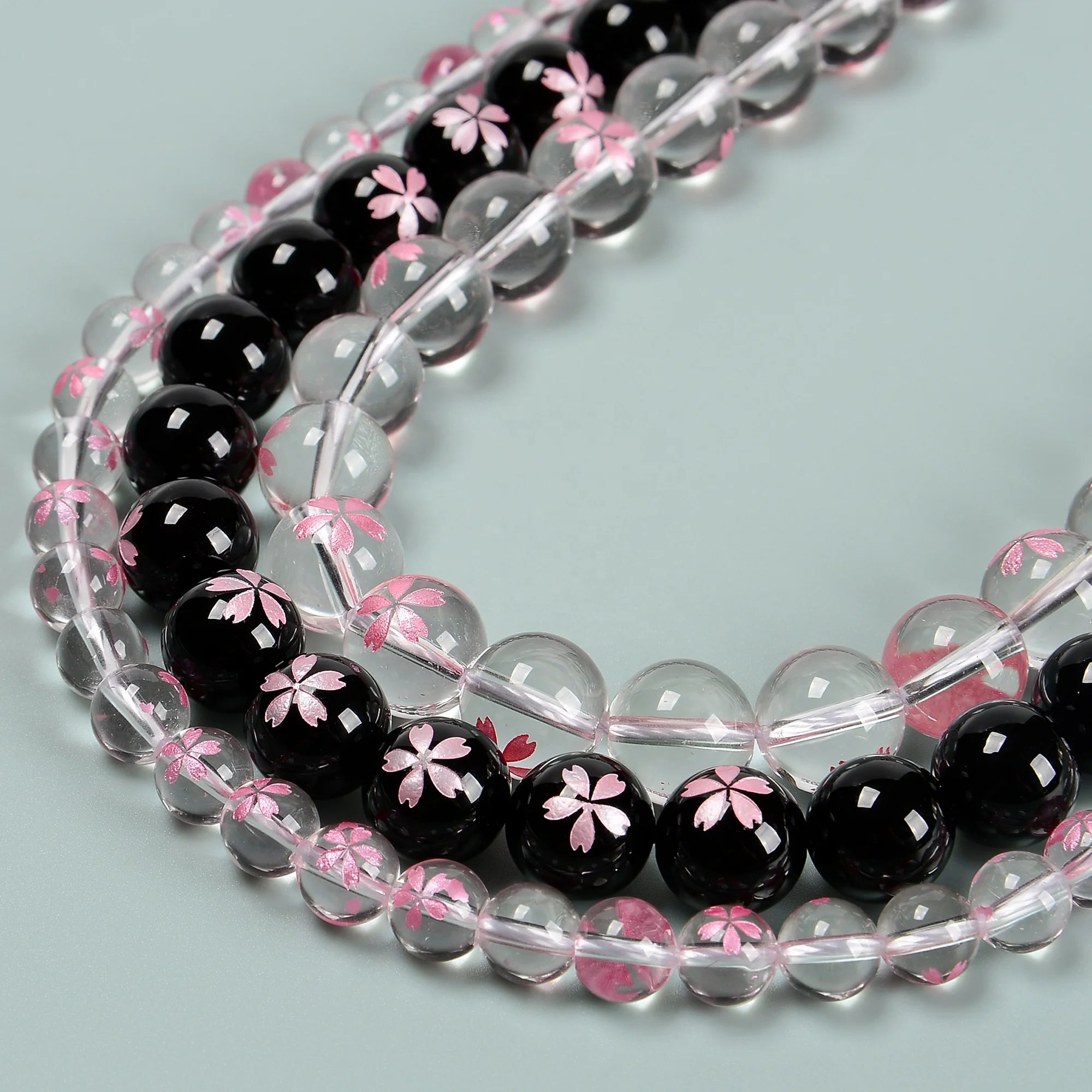 Loose 8mm 12mm Pink Sakura Flower Carved Bead Strands Clear Quartz Black Onyx Round Flower Beads for Jewelry Making Bracelet