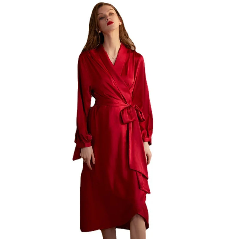 Women Robes Set Nightgown Bridesmaid Spring Summer Autumn Wedding Red Chiffon ODM Customized Logo Embroidery