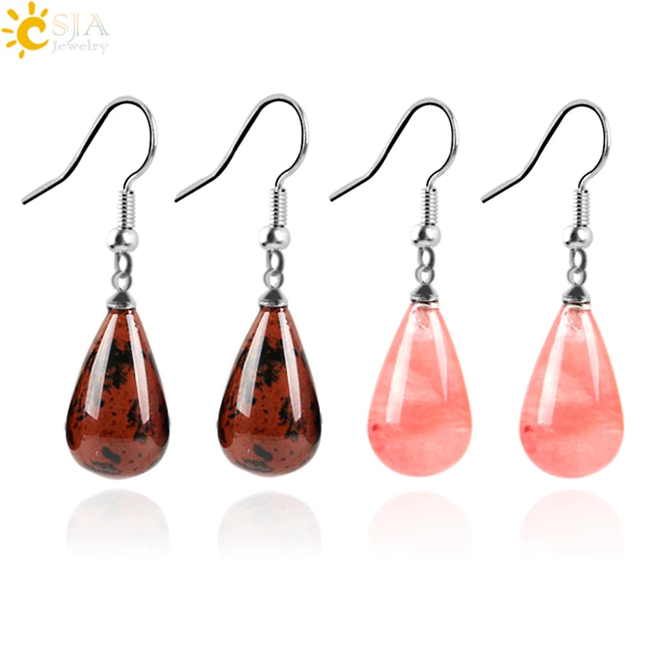CSJA New Natural Stone Opal Black Teardrop Crystal Pendant Dangle Earring for Women Party Gift Wholesale E108