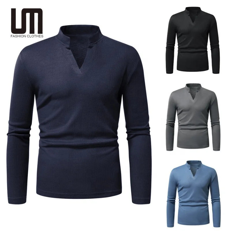 Oem Odm New Year Autumn Vintage Fashion Men Clothing V Neck Long Sleeve Solid Color Pullover T Shirts