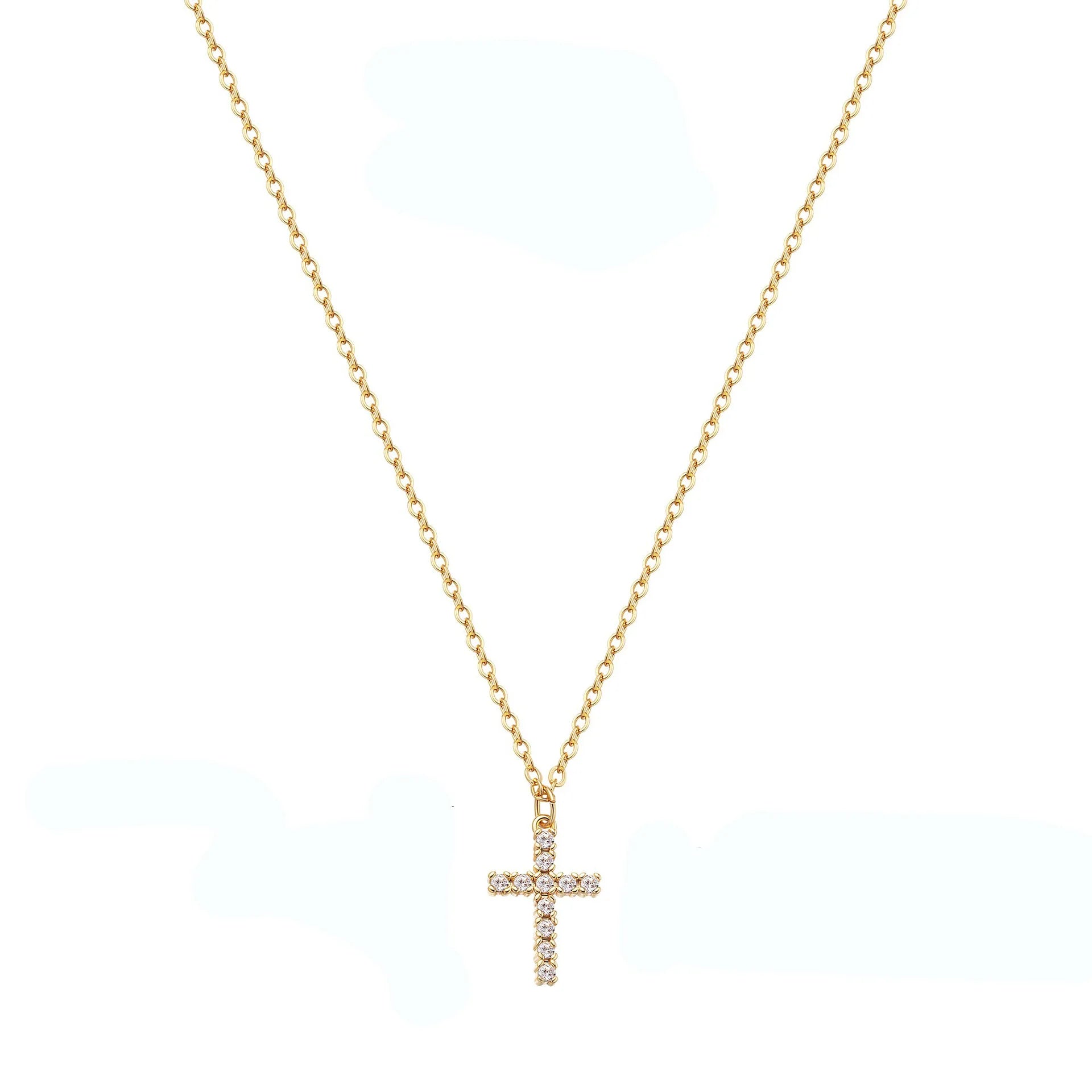 Chic Simple Stainless Steel Cross Chain for Women Zircon Cross Necklace Plated in 18K Gold