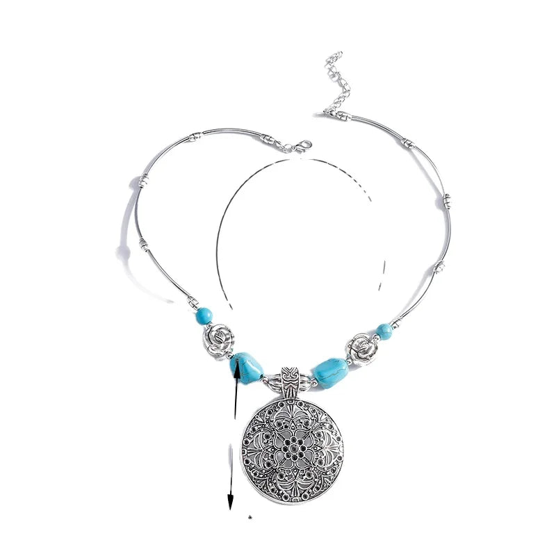 New Design Style Retro Ethnic Bohemian Silver Creative Carved Turquoise Large Pendant Necklace for Women Necklace