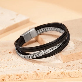 Fashion Black Braided Leather Bracelet Stainless Steel Bangle Multi-Layer Weave Gold Plated Men's Viking Leather Bracelet PH1563