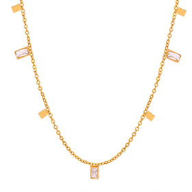 Women's Fashion Gold-Plated Stainless Steel Square Crystal Zircon Tassel Pendant Necklace Clavicle for Parties Weddings Jewelry