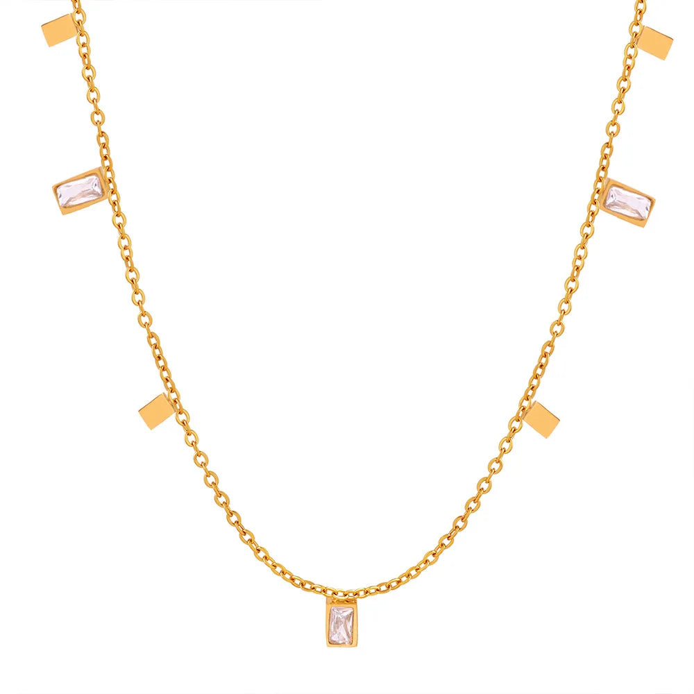 Women's Fashion Gold-Plated Stainless Steel Square Crystal Zircon Tassel Pendant Necklace Clavicle for Parties Weddings Jewelry