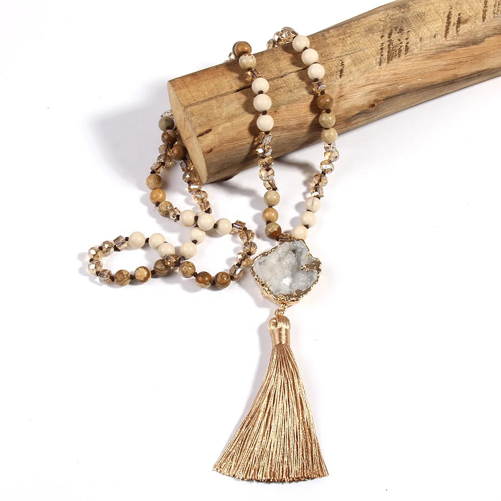 Fashion Boho Jewelry Women Gift Natural Stone Crystal Glass Beads Tassel Necklace Irregular Druzy Drop Pendant Necklace