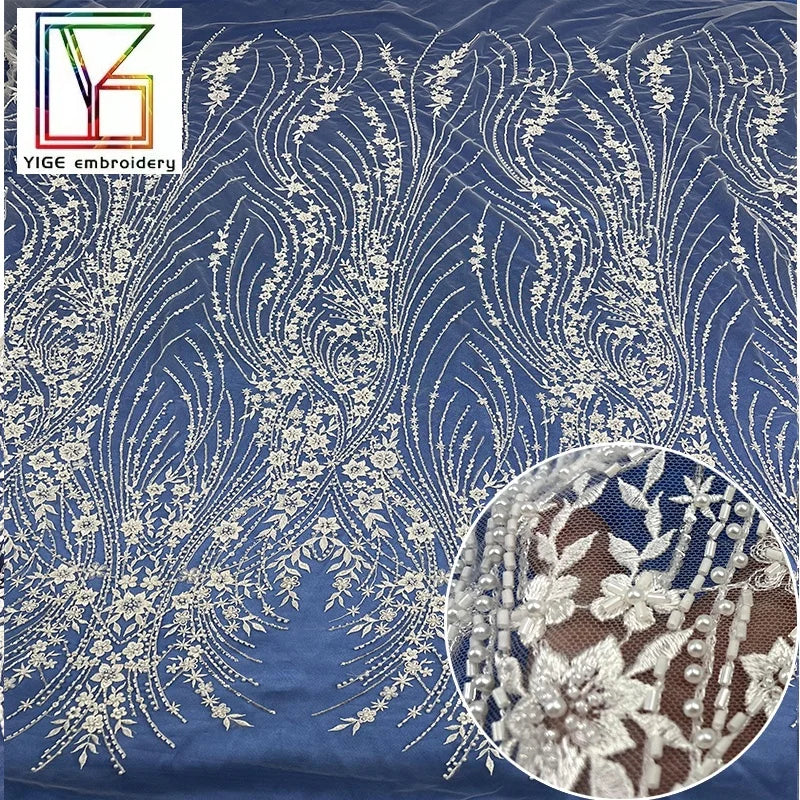 New Arrival Fashion White Sequins Beads Tulle Embroidery Bridal Lace With Pure White Full Pearls French Women Wedding Fabrics