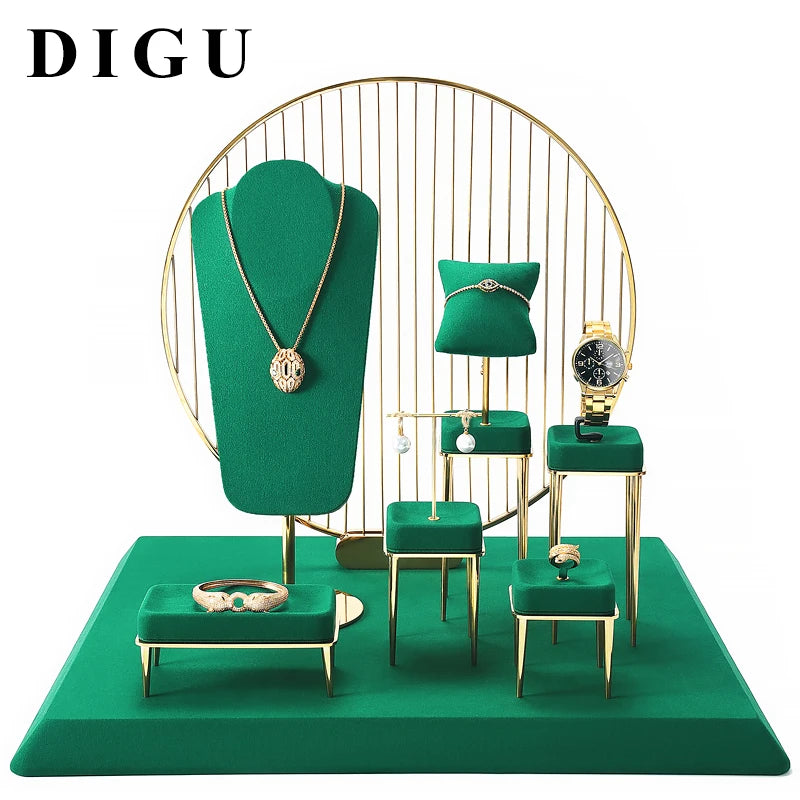 DIGU Jewelry Display Props Green Luxury Jewellery Microfiber Earrings Necklace Bracelet Fine Jewelry Window Display Stand Set