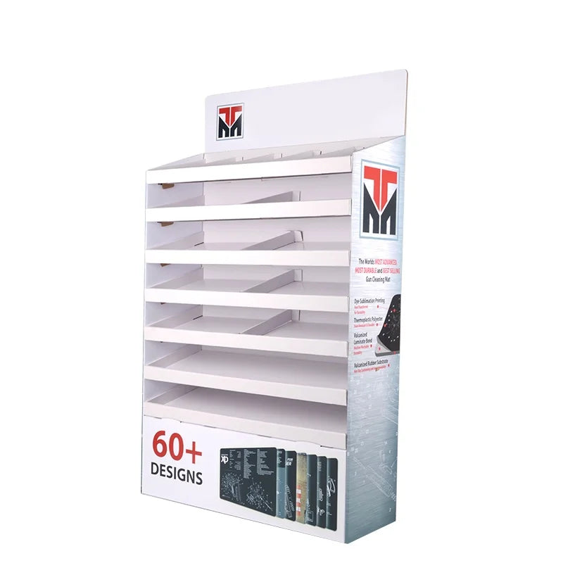 Corrugated Cardboard Gun Cleaning Mat Display Stand 7 Tier Shelf with Brand Header for Retail Gun Shop POS Display MegaBDM