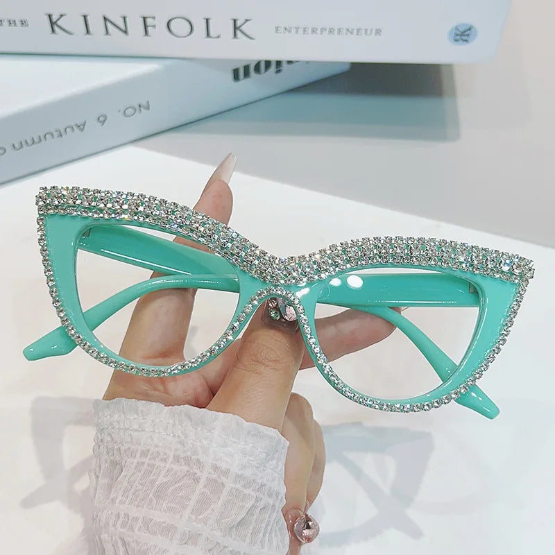 LBAshades 2023 Diamond Eyeglasses Frame Hot Style Retro Cat Eye Diamond Chain Glasses Frame for Women Eyewear