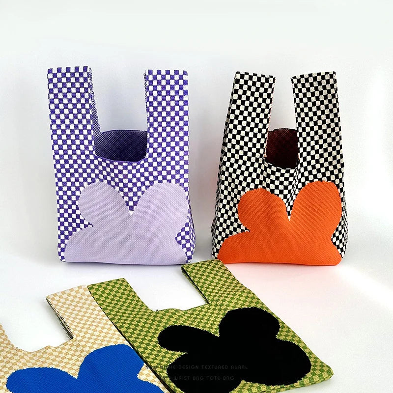 Cute Knitted Candy Summer Shopping Tote Bag Children Mini Checkerboard Flower Open Closure Custom Logo