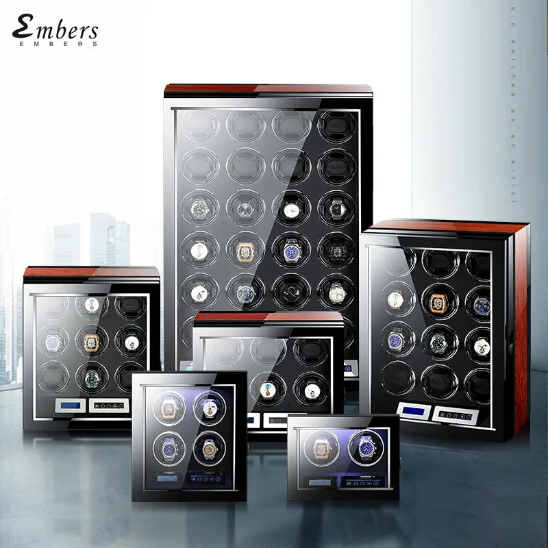 Embers Luxury Wooden Watch Winder 2-24 Watch Storage Box Automatic Winding Dustproof Eco-Friendly Display Case with Lock Shaker