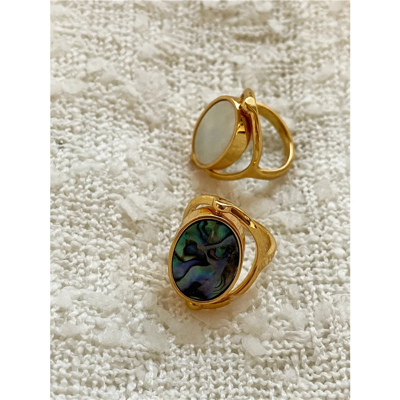 3 Sizes Double Side Rotatable Natural Mother of Pearl Rings White Shell Abalone Circle Chunky Ring Brass Trendy Vintage Jewelry