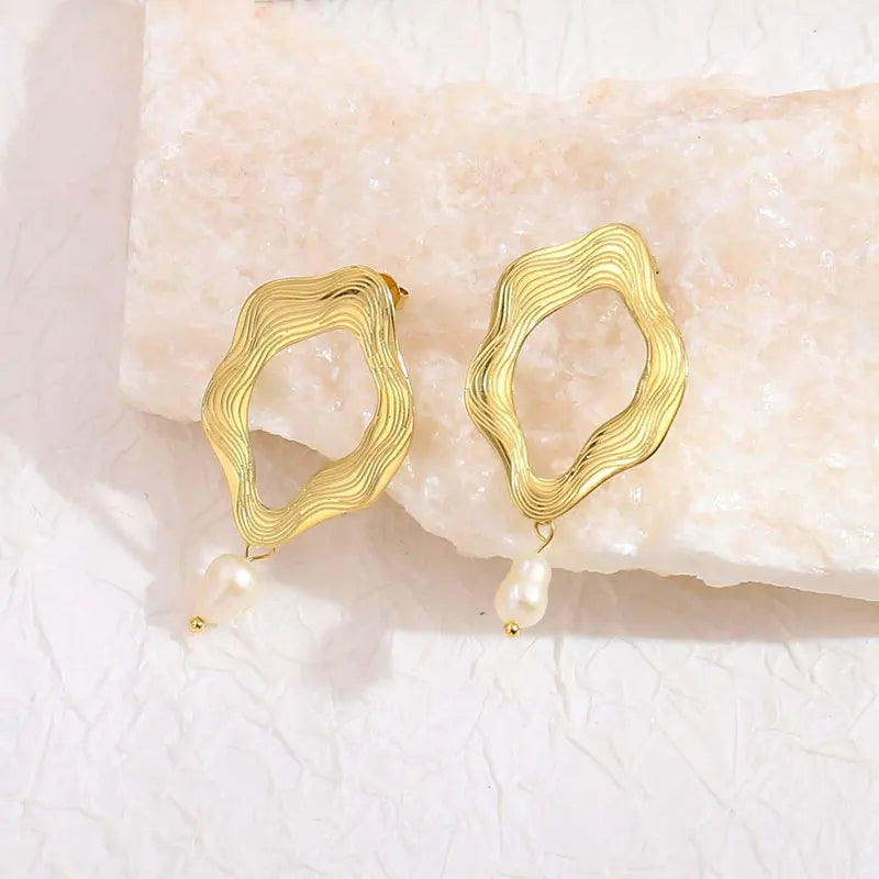 18K Gold Plated Stainless Steel Pearl Exaggerated Stud Earrings Geometric Gemstone Earrings Jewelry for Women