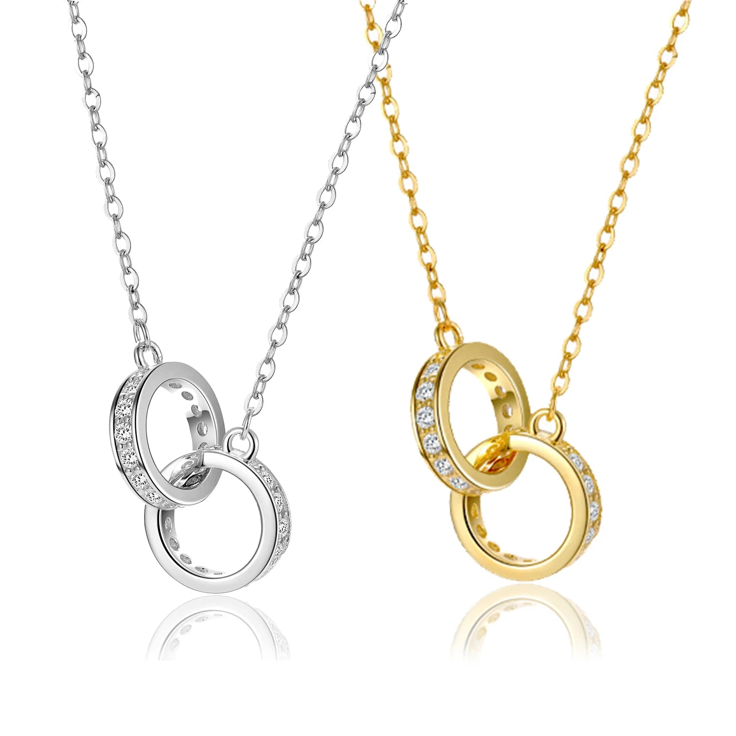 FUAMAY Silver 925 18K Gold Plated Women Chain Zircon Necklace Interlocking Double RIngs Necklace