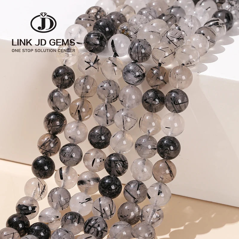 JD B Grade Natural Round Gemstone 6mm 8mm 10mm Black Rutilated Quartz Smooth Round Loose Beads for Jewelry Making