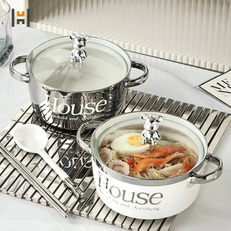 Luxury Ceramic Bowl Double-ear Microwavable Bowl Rice Noodle Bowl with Lid Cute Bear Sliver-Plated Dinnerware